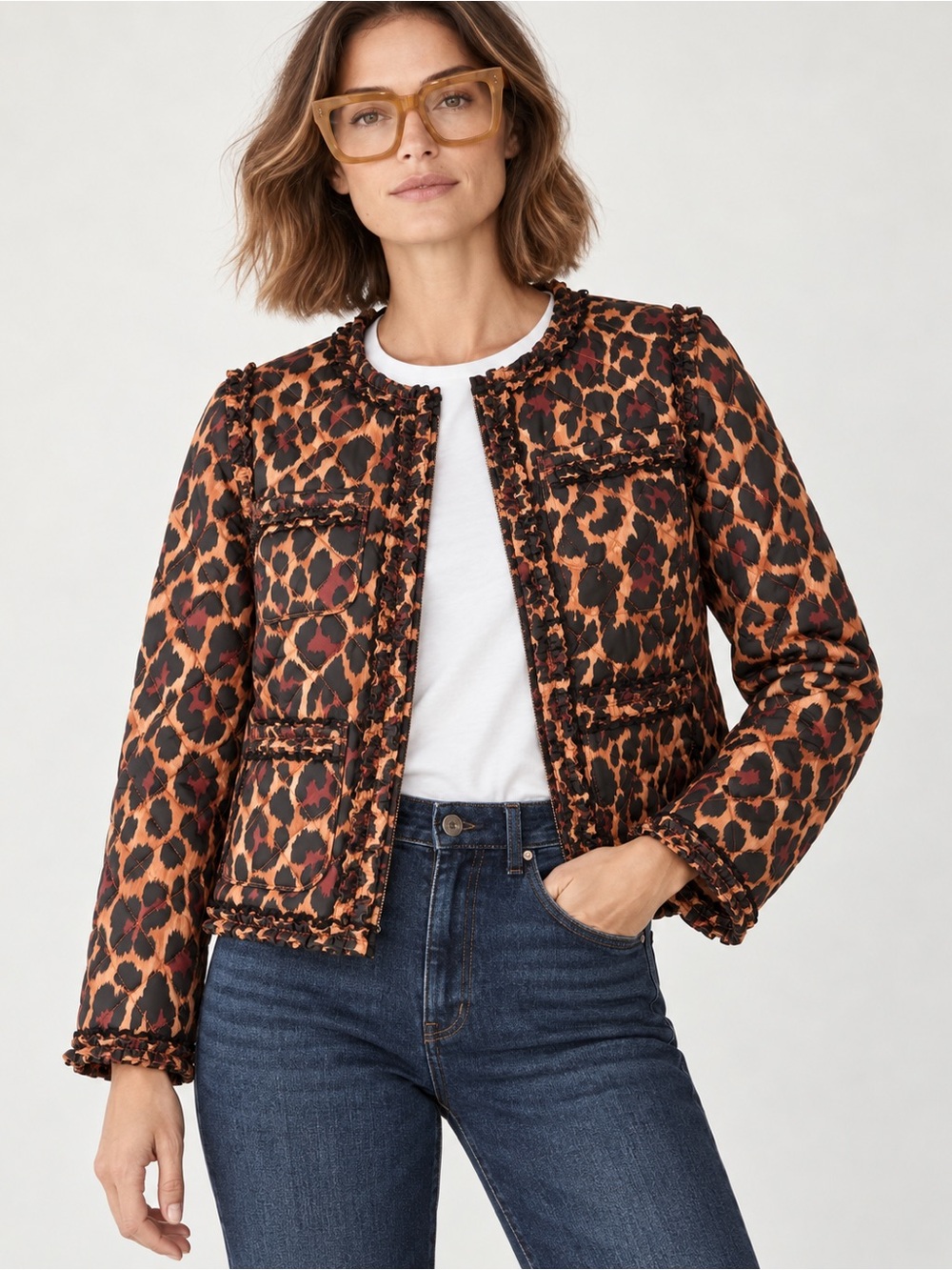 J.Crew Quilted Leopard Print Ruffle Trim Lady Jacket Size 8 NWT